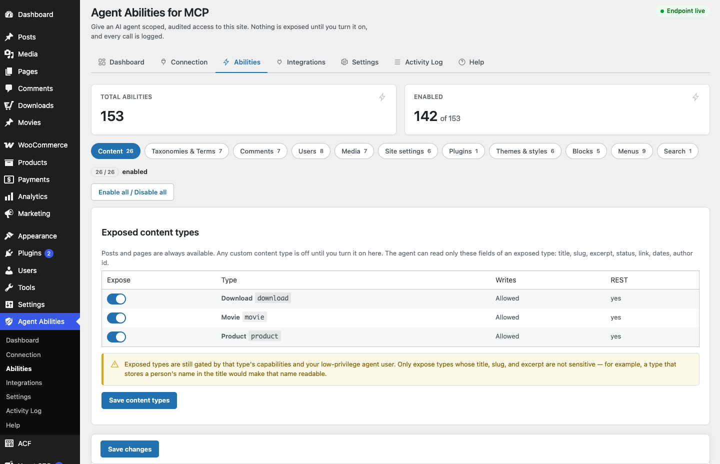 The Abilities tab in the plugin admin, where each ability is switched on one at a time and content types are exposed individually