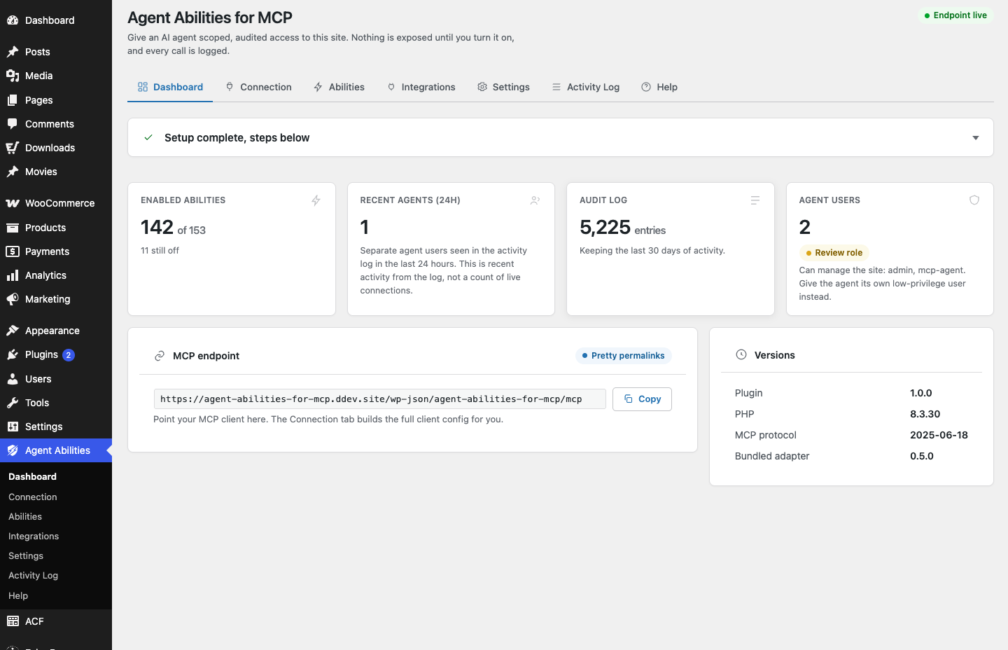The Agent Abilities for MCP dashboard in WordPress admin, showing the MCP endpoint, enabled abilities, agent users, and the audit log