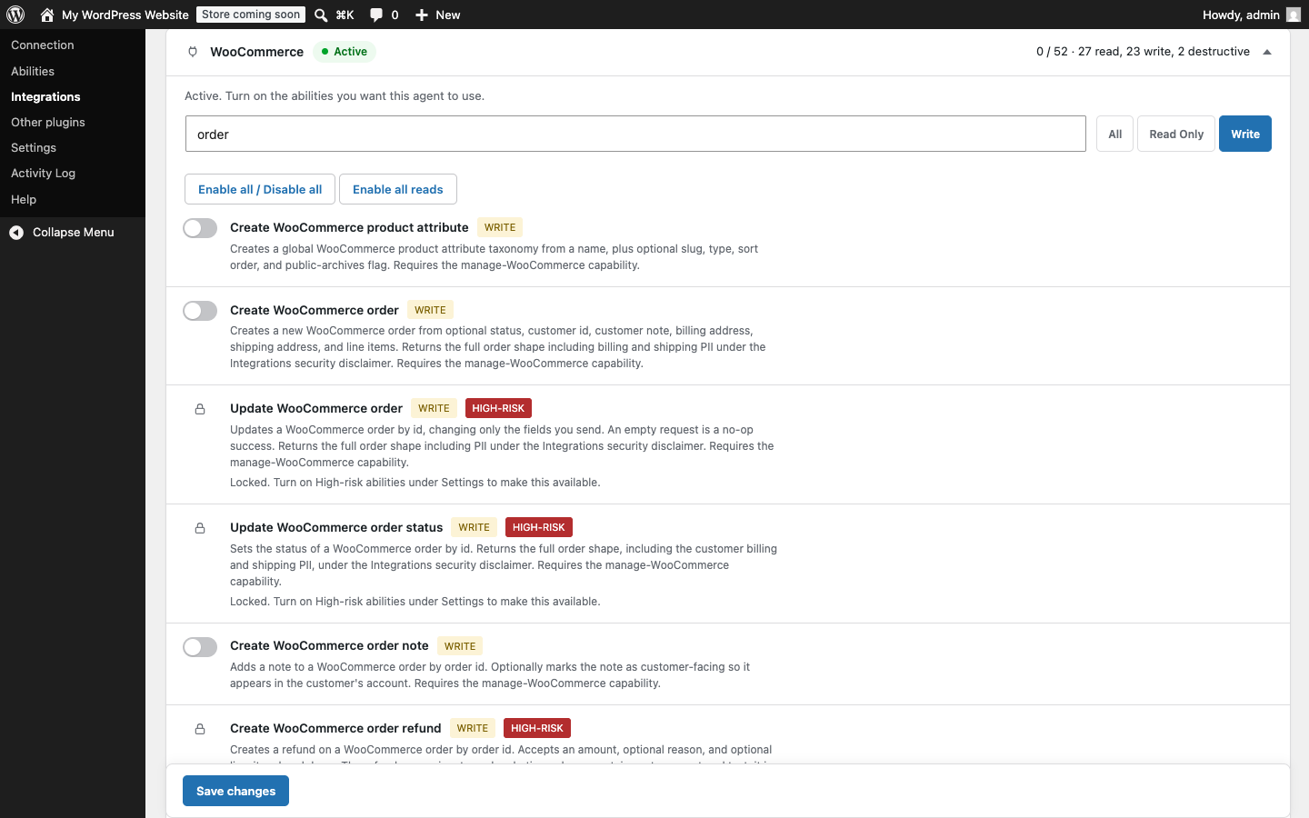 WooCommerce order abilities on the Integrations tab, filtered to writes, where ordinary writes have a switch while the order update, order status and refund rows carry a HIGH-RISK badge and a padlock instead