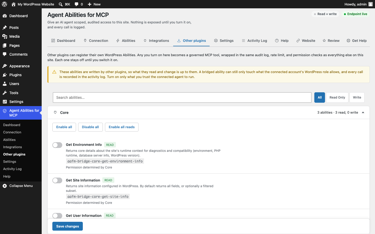 The "Other plugins" tab in wp-admin, listing the abilities WordPress Core registers, each one off, with a READ badge, its bridged tool name, and a note that Core decides the permission