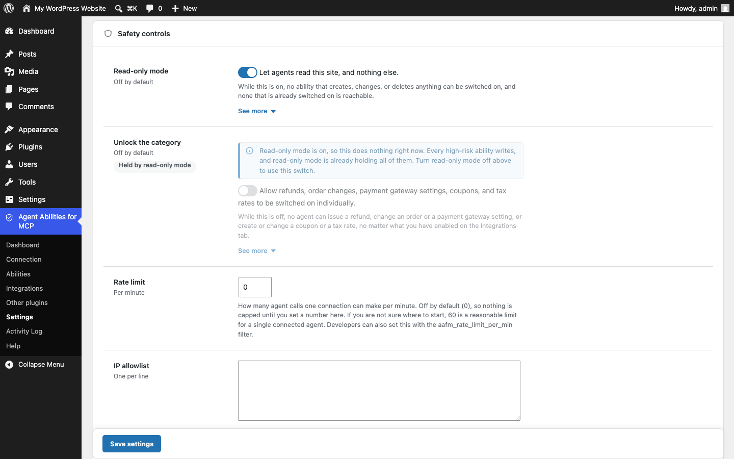 The Safety controls card on the Settings tab, with read-only mode switched on at the top, the high-risk unlock below it marked held by read-only mode, then the rate limit and IP allowlist fields
